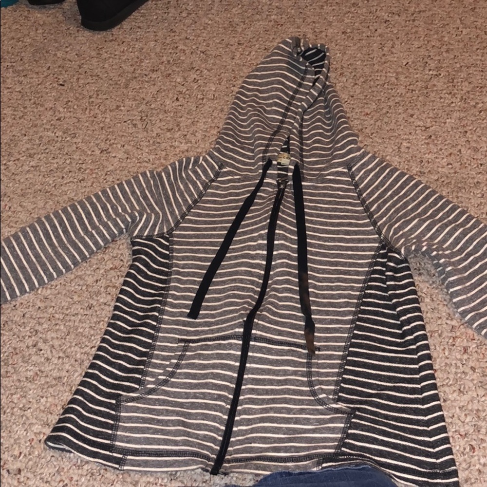 Grey and white striped hooded jacket